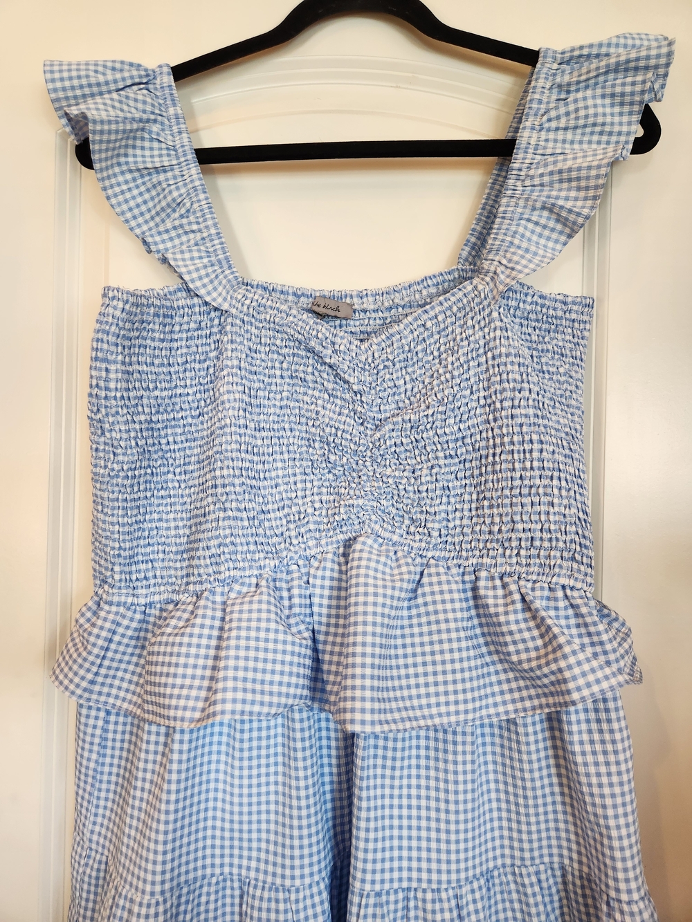 White Birch Light Blue Gingham Smocked Tiered Dress Size 1X Flutter Sleeve Lined - Picture 3 of 13